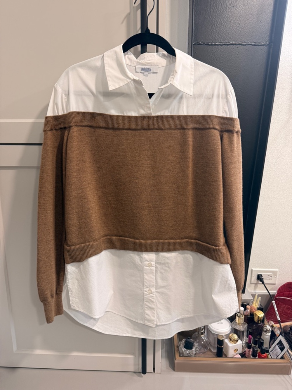 Layered White Button-Down with Brown Cropped Knit Overlay